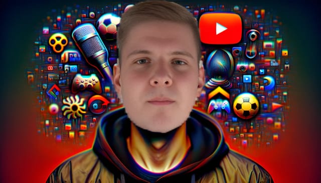 KuchenTV, mid-30s bald male with light skin, donning casual attire, surrounded by YouTube and podcast icons, game controllers, footballs, and German landmarks.