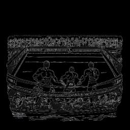 Erte de dois homens, incorporando os Usos, erguendo triunfantes cinturões de duplas de luta livre dentro de um ringue de luta livre com uma multidão animada ao fundo.