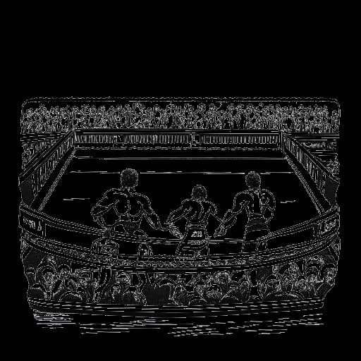 Erte de dois homens, incorporando os Usos, erguendo triunfantes cinturões de duplas de luta livre dentro de um ringue de luta livre com uma multidão animada ao fundo.