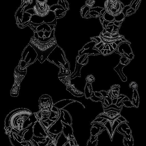 Dibujo de arte lineal de un hombre, que representa a Jey Uso, realizando una danza de guerra samoana y luchando, con imágenes adicionales de su mercancía, indicando sus diversas fuentes de ingresos.