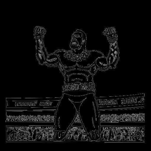 Dibujo de arte lineal de un hombre representando a Jey Uso de pie en un ring de lucha libre, con una pancarta que dice 'WrestleMania' y 'Madison Square Garden' en el fondo contra un fondo blanco