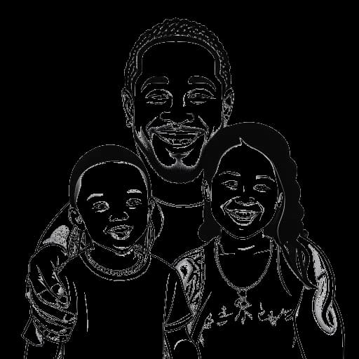 Dibujo de arte lineal de un hombre representando a Jey Uso con su esposa e hijos, sonriendo contra un fondo blanco