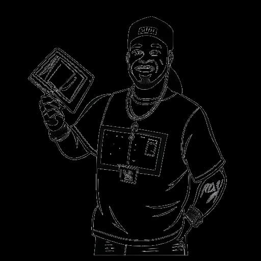 Dibujo de arte lineal de un hombre representando a Jey Uso de forma animada, sosteniendo una pizarra de cine contra un fondo blanco
