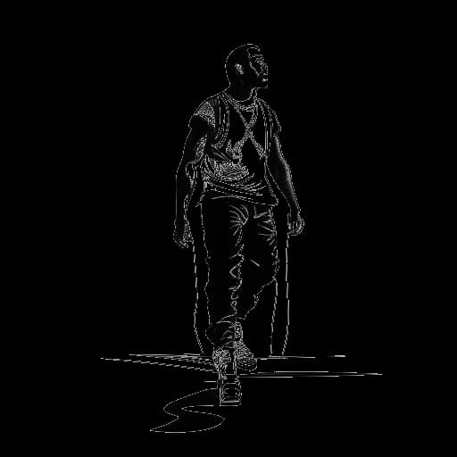 Dibujo de arte lineal de un hombre representando a Jey Uso caminando por una rampa, con un foco sobre él y notas musicales flotando alrededor contra un fondo blanco