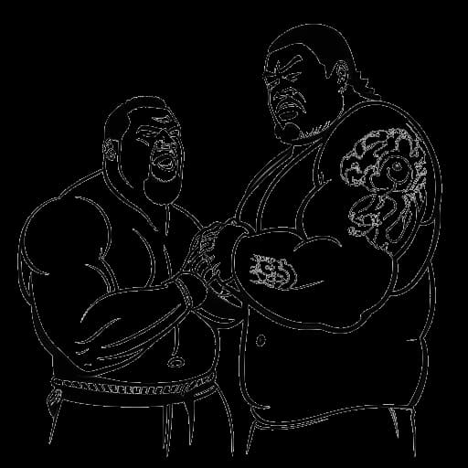 Dibujo de arte lineal de un hombre representando a Rikishi entrenando a un hombre representando a Jey Uso contra un fondo blanco