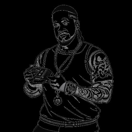 Dibujo de arte lineal de un hombre representando a Jey Uso sosteniendo un control de juegos y un cinturón de campeón contra un fondo blanco