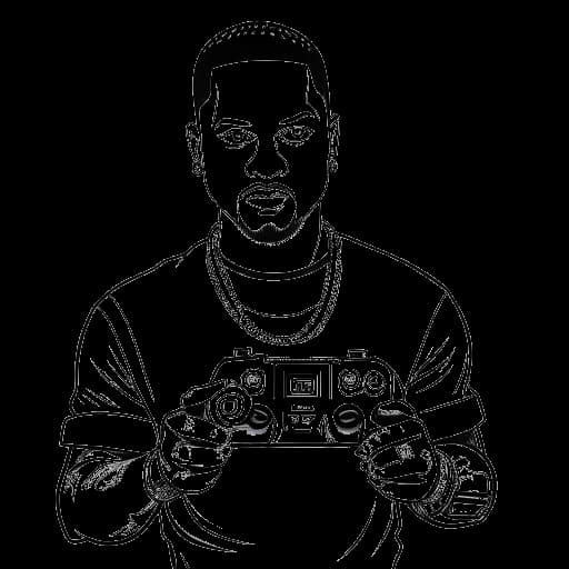 Dibujo de arte lineal de un hombre representando a Jey Uso sosteniendo un control de videojuegos, con el logo de un videojuego en el fondo contra un fondo blanco