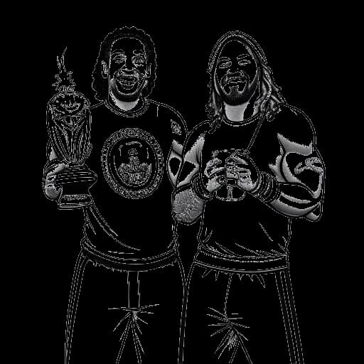 Dibujo de arte lineal de dos hombres representando a Jey y Jimmy Uso con un trofeo y una bandera que dice 'Reinado más largo en Parejas' contra un fondo blanco