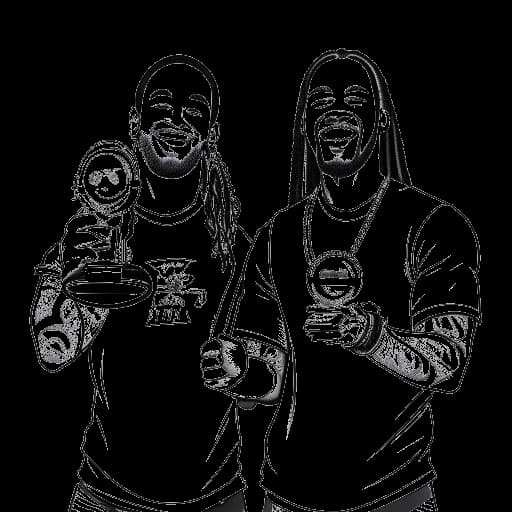 Dibujo de arte lineal de dos hombres representando a Jey y Jimmy Uso sosteniendo los Premio Slammy, sonriendo contra un fondo blanco