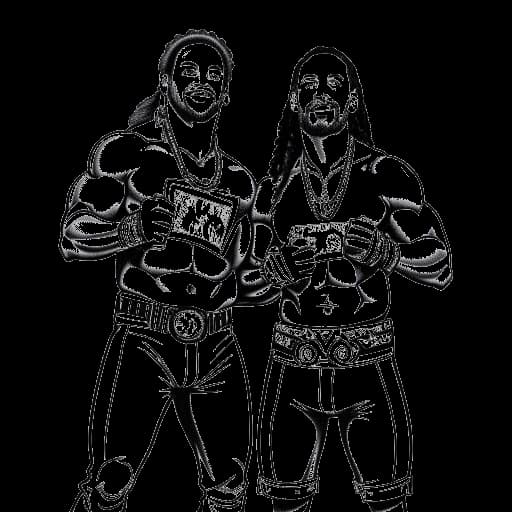 Dibujo de arte lineal de dos hombres representando a Jey y Jimmy Uso levantando los cinturones de Campeonato en Parejas de SmackDown y RAW contra un fondo blanco