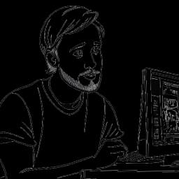 Lijn kunsttekening van PewDiePie die zijn kunstwerken verkoopt om een computer te kopen, wat zijn beslissing symboliseert om zijn focus te verleggen naar zijn YouTube-carrière. De afbeelding is in zwart-wit tegen een witte achtergrond afgebeeld.