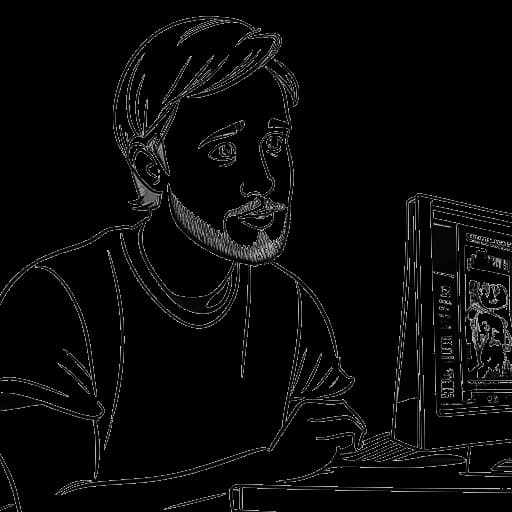 Lijn kunsttekening van PewDiePie die zijn kunstwerken verkoopt om een computer te kopen, wat zijn beslissing symboliseert om zijn focus te verleggen naar zijn YouTube-carrière. De afbeelding is in zwart-wit tegen een witte achtergrond afgebeeld.