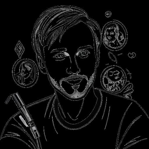 Lijn kunsttekening van PewDiePie's invloed op digitale contentcreatie en internetcultuur, waarbij zijn significante en blijvende impact wordt benadrukt. De afbeelding is in zwart-wit tegen een witte achtergrond afgebeeld.
