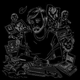 Lijn kunsttekening van PewDiePie die diverse vormen van content creëert, waarbij zijn vermogen om zich aan te passen en te evolueren als content creator wordt benadrukt. De afbeelding is in zwart-wit tegen een witte achtergrond afgebeeld.