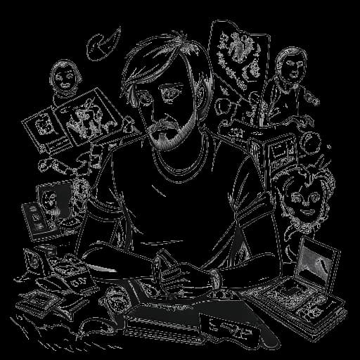 Lijn kunsttekening van PewDiePie die diverse vormen van content creëert, waarbij zijn vermogen om zich aan te passen en te evolueren als content creator wordt benadrukt. De afbeelding is in zwart-wit tegen een witte achtergrond afgebeeld.