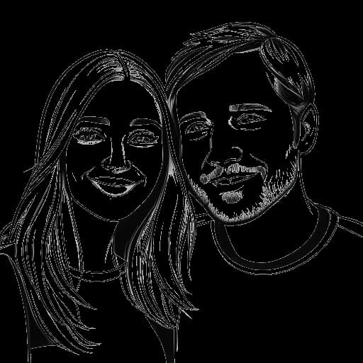Lijn kunsttekening van PewDiePie met Marzia, wat hun relatie en persoonlijke reis symboliseert. De afbeelding is in zwart-wit tegen een witte achtergrond afgebeeld.
