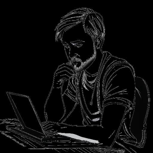 Lijn kunsttekening van PewDiePie die content creëert op YouTube, waarbij zijn toewijding en enthousiasme voor videoproductie worden gedemonstreerd. De afbeelding is in zwart-wit tegen een witte achtergrond afgebeeld.
