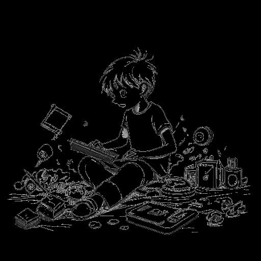 Disegno in stile line art di un ragazzo, rappresentante PewDiePie, che gioca ai videogiochi con pastelli intorno a lui