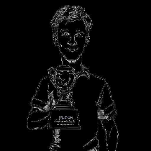 Disegno in stile line art di un giovane, rappresentante PewDiePie, che tiene in mano un trofeo per il canale più visualizzato