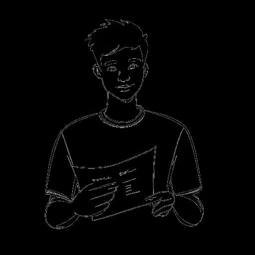Disegno in stile line art di un giovane, rappresentante PewDiePie, che tiene in mano un contratto per Revelmode