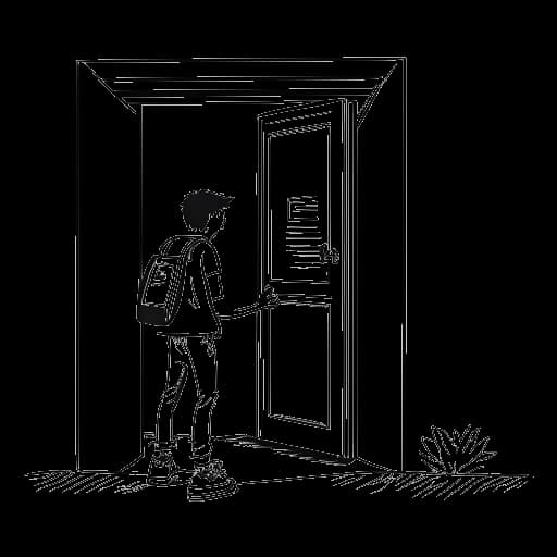 Disegno in stile line art di un adolescente, rappresentante PewDiePie, che sgattaiola fuori dalla scuola per andare in un internet café