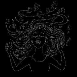 Line art drawing of a woman representing Lio, surrounded by musical notes, exuding charisma and joy. The image is in black and white and presented against a white backdrop.