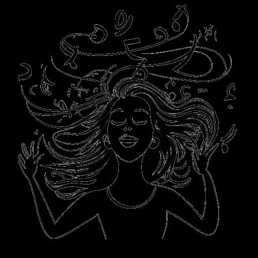 Line art drawing of a woman representing Lio, surrounded by musical notes, exuding charisma and joy. The image is in black and white and presented against a white backdrop.