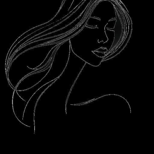 Line art drawing of a woman representing Lio, with long flowing hair and a sense of elegance and grace. The image is in black and white and presented against a white backdrop.
