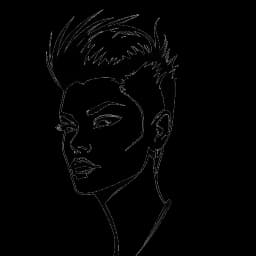 Line art drawing of a woman representing Lio, with short spiky hair and a bold fashion sense, exuding confidence and rebellious spirit. The image is in black and white and presented against a white backdrop.