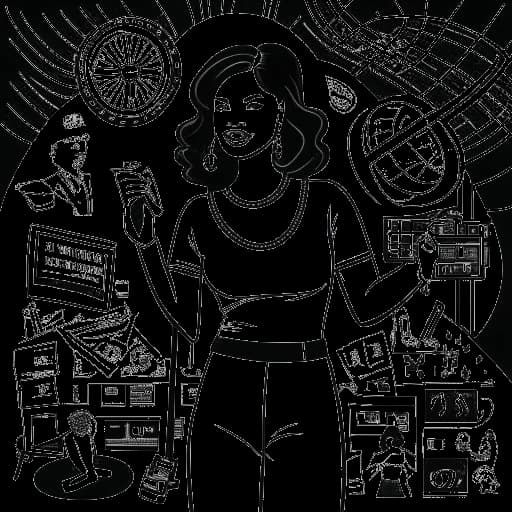 Strichzeichnung einer Frau, die Lio darstellt, selbstbewusst mit einem Mikrofon stehend. Musiknoten und Symbole umgeben sie und zeigen ihre erfolgreiche Musikkarriere. Auf der einen Seite steht ein Filmstreifen, der ihre Schauspielunternehmungen repräsentiert, während auf der anderen Seite Dollarzeichen ihre unternehmerischen Bestrebungen und Investitionen darstellen. Der Hintergrund ist gefüllt mit Bühnen, Theatern und Aufnahmestudios, die ihre berufliche Reise symbolisieren.