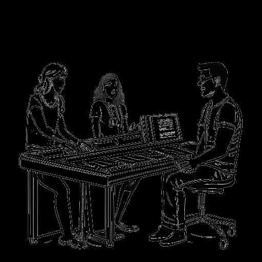 Strichzeichnung einer jungen Frau, die Lio darstellt, wie sie mit Jay Alanski und Telex-Mitgliedern in einem Aufnahmestudio arbeitet.
