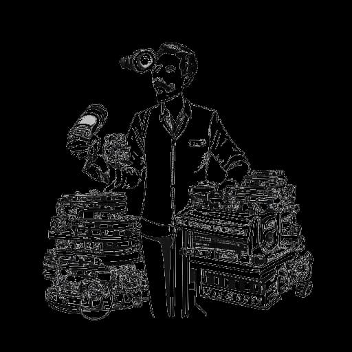 Dessin en ligne d'un homme, représentant Simon Whistler, tenant un microphone, avec une pile de 2 000 bobines vidéo en arrière-plan.