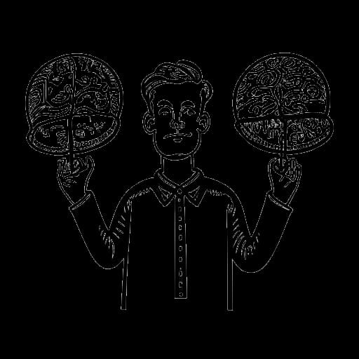 Dessin en ligne d'un homme, représentant Simon Whistler, tenant trois panneaux portant les mentions 'Megaprojects', 'Brain Blaze' et 'The Science of Science Fiction'.