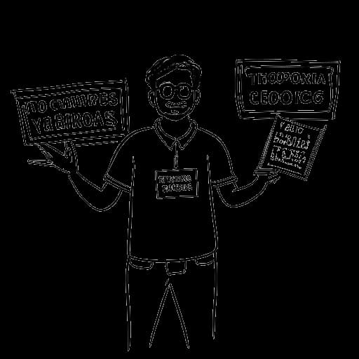 Dessin en ligne d'un homme, représentant Simon Whistler, tenant trois panneaux portant les mentions 'Today I Found Out', 'Biographics' et 'Geographics'.