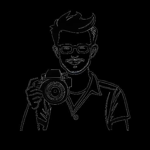 Dessin en ligne d'un homme, représentant Simon Whistler, tenant une caméra, avec le logo TopTenz.net en arrière-plan.