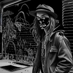 Strichzeichnung eines Mannes, der Snoop Dogg darstellt, mit langen Haaren, in weiten Kleidern und einem Hut, der auf einer Stadtstraße steht, die mit Graffiti gefüllt ist.