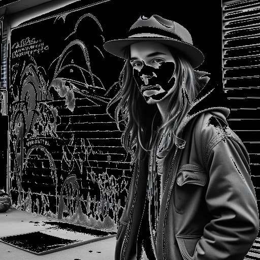 Strichzeichnung eines Mannes, der Snoop Dogg darstellt, mit langen Haaren, in weiten Kleidern und einem Hut, der auf einer Stadtstraße steht, die mit Graffiti gefüllt ist.