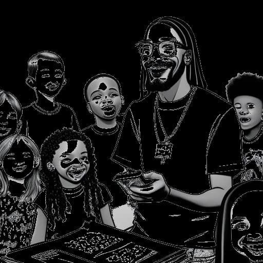 Strichzeichnung von Snoop Dogg, der Vertretern des Children's Hospital Los Angeles einen Scheck übergibt, umgeben von lächelnden Kindern.