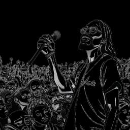 Strichzeichnung von Snoop Dogg, der ein Mikrofon hält, umgeben von einer Menge jubelnder Fans.