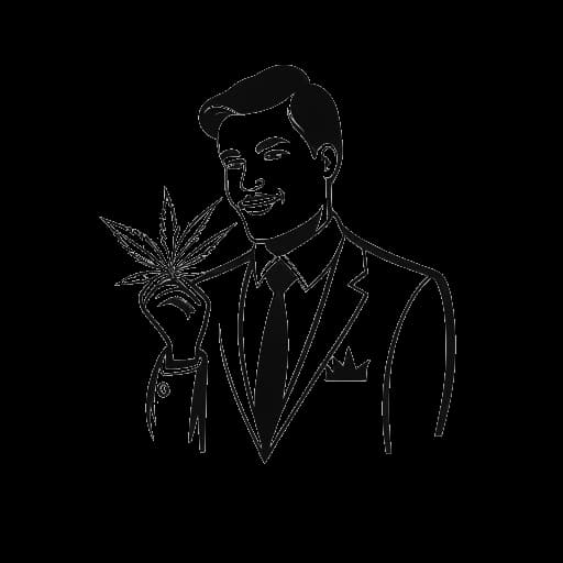 Lijntekening van een man die Snoop Dogg voorstelt die een cannabisblad vasthoudt, met een bedrijfslogo dat zijn betrokkenheid bij cannabisproducten vertegenwoordigt op de achtergrond