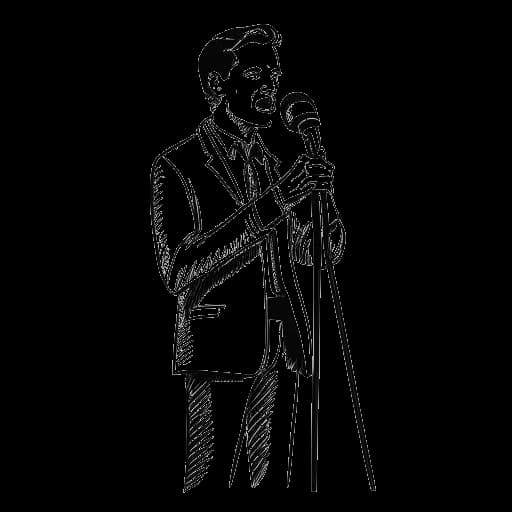 Lijntekening van een man die Snoop Dogg voorstelt die een microfoon vasthoudt, met een preekstoel die zijn uitgesprokenheid over verschillende kwesties op de achtergrond vertegenwoordigt