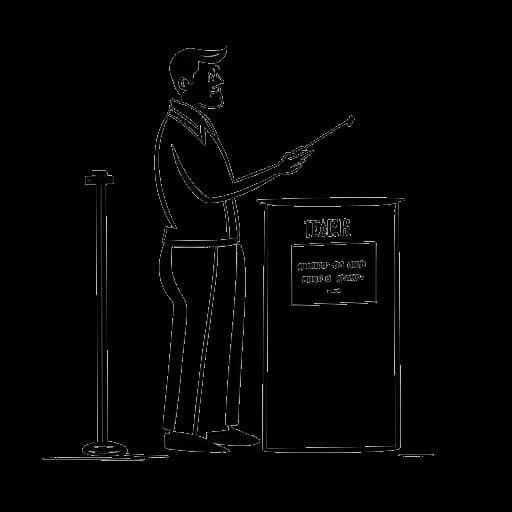 Lijntekening van een man die Snoop Dogg voorstelt met een politiek bord, met een stembureau dat zijn politieke activiteit op de achtergrond vertegenwoordigt