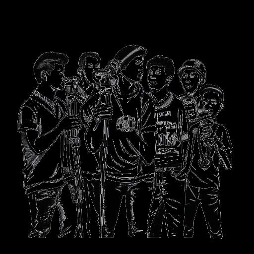 Lijntekening van een groep mannen die Snoop Dogg en zijn neven voorstellen, met microfoons vasthoudend en het nummer 213 op de achtergrond