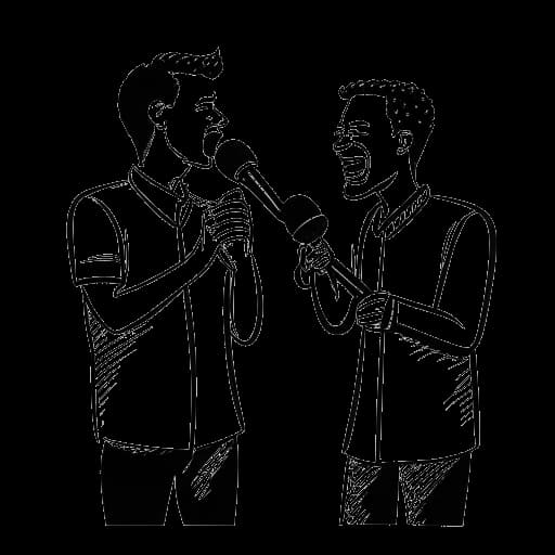 Lijntekening van twee mannen die Snoop Dogg en Tupac voorstellen die microfoons vasthouden, met een muzieknoot die hun samenwerking op de achtergrond voorstelt