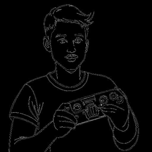 Lijntekening van een man die Snoop Dogg voorstelt die een videogame-controller vasthoudt, met een videogamepersonage dat zijn verschijningen in verschillende videogames op de achtergrond vertegenwoordigt