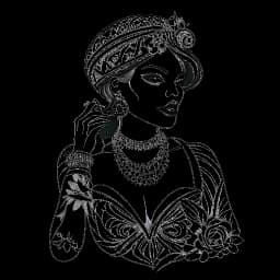 Desenho de uma mulher, representando Tana Mongeau, com um véu de casamento e joias chamativas, apresentando uma tatuagem com o nome 'Tana', em meio a um ambiente festivo de casamento em Las Vegas, contra um fundo branco.