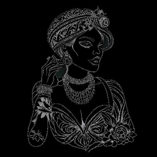 Desenho de uma mulher, representando Tana Mongeau, com um véu de casamento e joias chamativas, apresentando uma tatuagem com o nome 'Tana', em meio a um ambiente festivo de casamento em Las Vegas, contra um fundo branco.