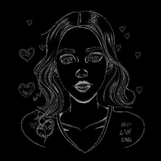 Lijntekening van een vrouw die Tana Mongeau vertegenwoordigt, omringd door harten, met de woorden 'Somer', 'Bella', 'Lil Xan' en 'Chris' geschreven in de harten
