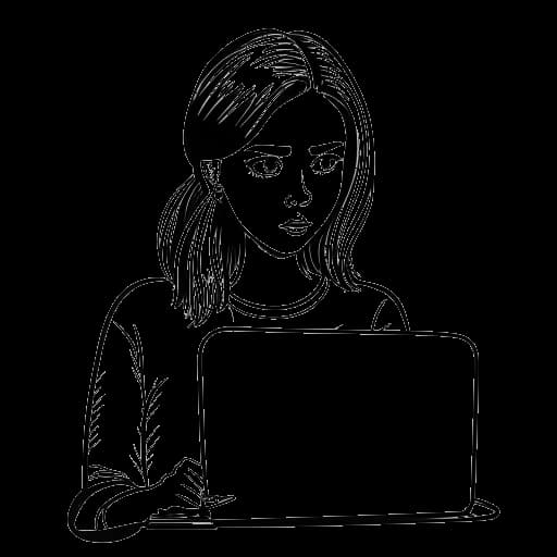Lijntekening van een vrouw die Tana Mongeau vertegenwoordigt, met een bezorgde uitdrukking, een laptop vasthoudend met een 'FBI'-logo op het scherm