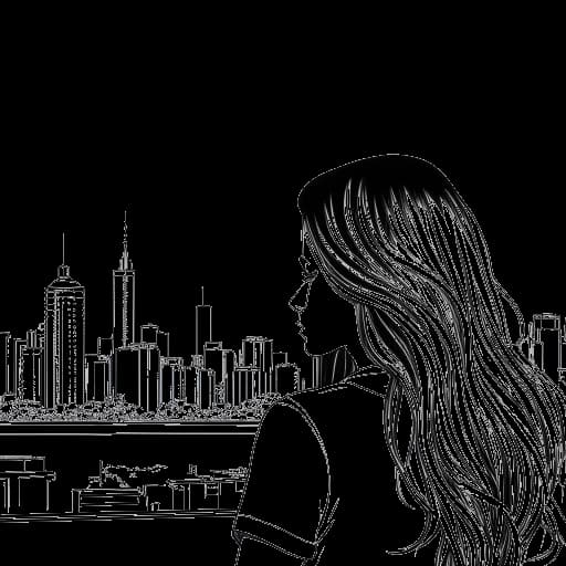 Lijntekening van een vrouw die Tana Mongeau vertegenwoordigt, met lang haar en uitkijkend over de skyline van Las Vegas